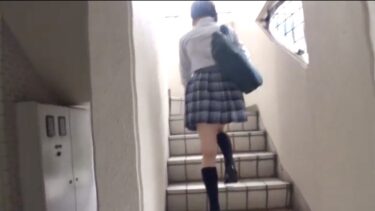 待ち伏せし、階段にやってきた青いチェックのスカートがかわいいJKを逆さ撮りする。